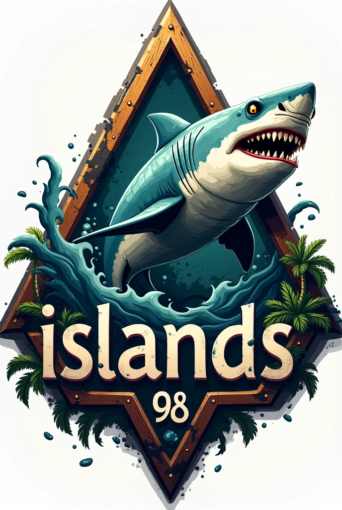 Triangle logo with text "Islands 98" with a pirate shark
