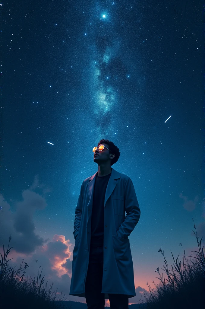 A starry background image with a scientist standing, for sure