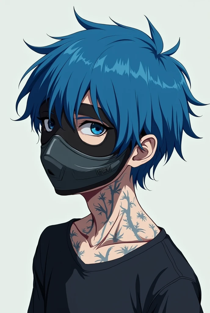 Anime style, a white boy with neck and amrs covered with scars, a ski mask, blue long hair, black shirt.