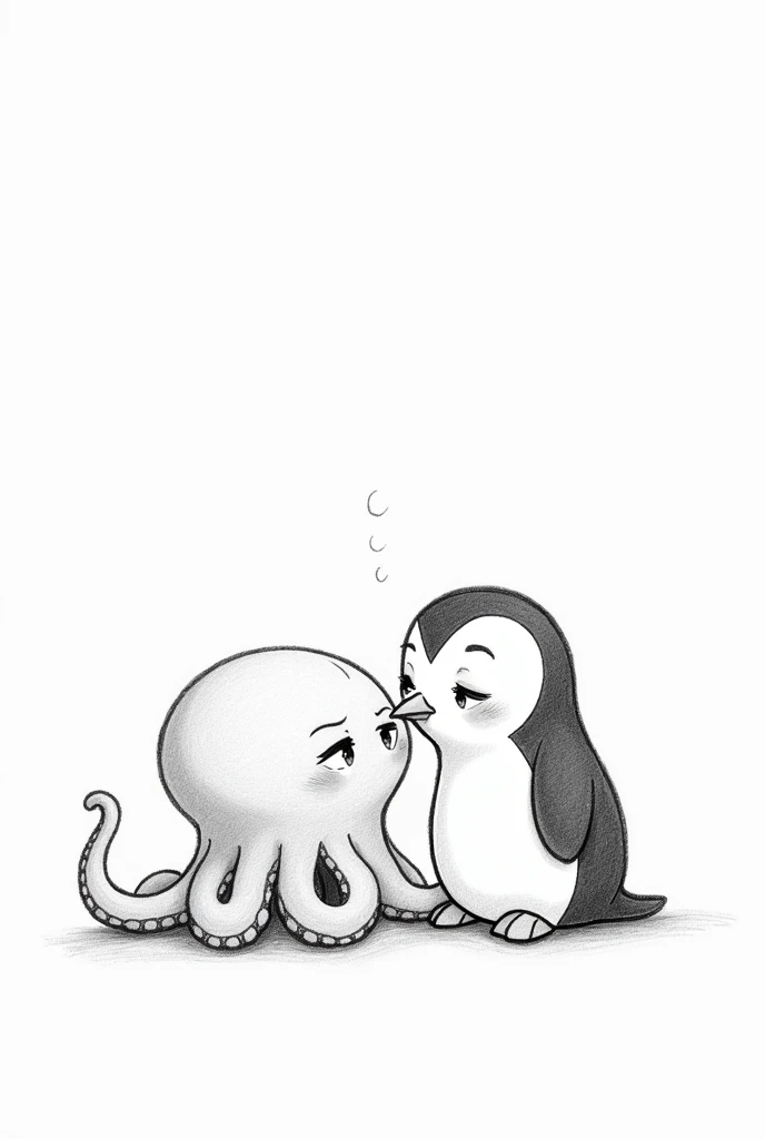Pencil drawing of a cartoon style octopus giving a kiss on the cheek to a cartoon style penguin