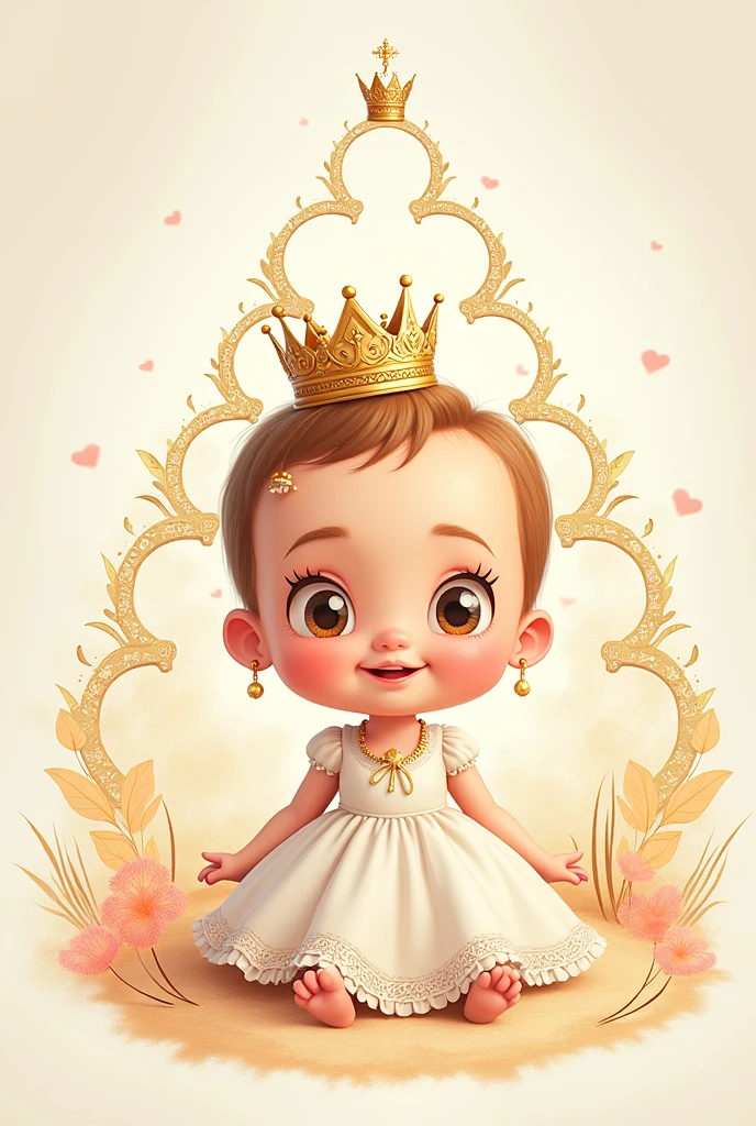 A happy baby girl wearing a white dress and crown, and behind her there are a series of circles decorated in a pyramid shape, a high-detailed two-dimensional drawing