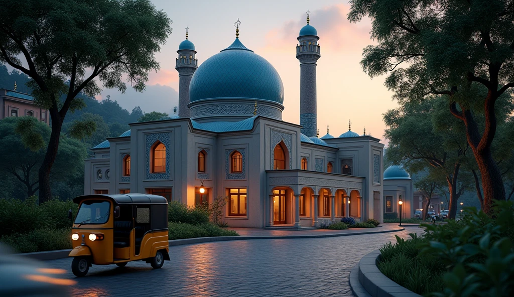 A Tiny Mosque with Samarkand Uzbek Architecture in the middle of Thailand there is a traditional Thai vehicle passing by for the night