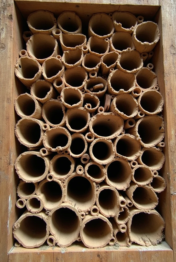 Linear tunnels dug in dead wood or bamboo made by xylocopa bees