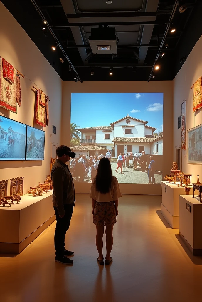 MUSEUM ROOM WITH MODELS OF THE AREA, MURALS OF TYPICAL TEXTILES AND TREJES , INTERACTIVE SCREENS WITH VIRTUAL REALITY ,WALL PROJECTOR WITH PHOTOS OF THE HOSTIRIA OF TYPICAL COSTUMES AND WITH WARM LIGHT WITH BEIGE COLORED WALLS