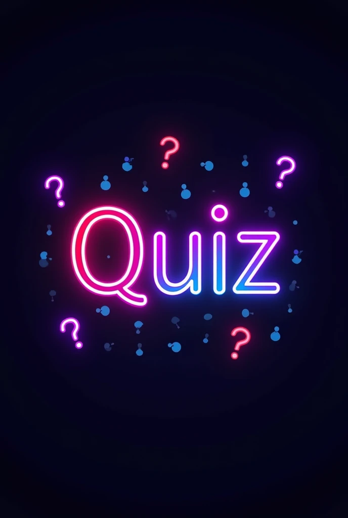 Create a profile picture for quiz, with the name quiz and the colors purple,cerulean,Pink,Amrela, and the black background with neon question marks without red 
