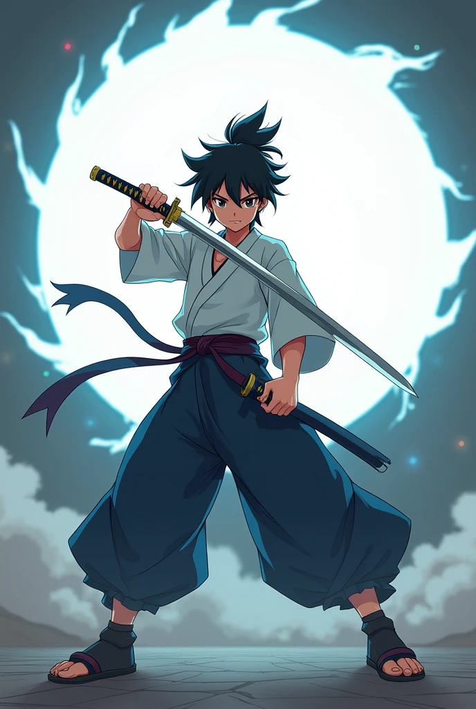 Anime teen with katana with big white aura 