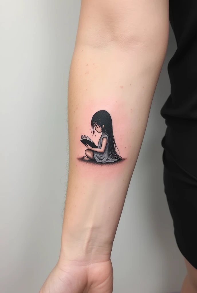 **Description détaillée pour le tatouage :**
- **Silhouette** : Une seule enfant, une fille avec des cheveux longs, assise en train de lire un livre. Ses cheveux tombent délicatement sur ses épaules, représentés par des lignes douces et naturelles.
- **Style** : Minimaliste, utilisant des lignes fines pour les contours de la silhouette. Aucune zone remplie de noir, pour un effet léger et épuré. Le dessin reste discret tout en étant expressif.
- **Taille** : Conçu pour l'avant-bras, le tatouage est de taille modérée, suffisamment petit pour rester discret mais avec assez de détails pour être significatif.
- **Couleurs** : Le tatouage est uniquement en noir, sans couleurs vives ni ombrages lourds. Le dessin reste sobre, avec une approche minimaliste.