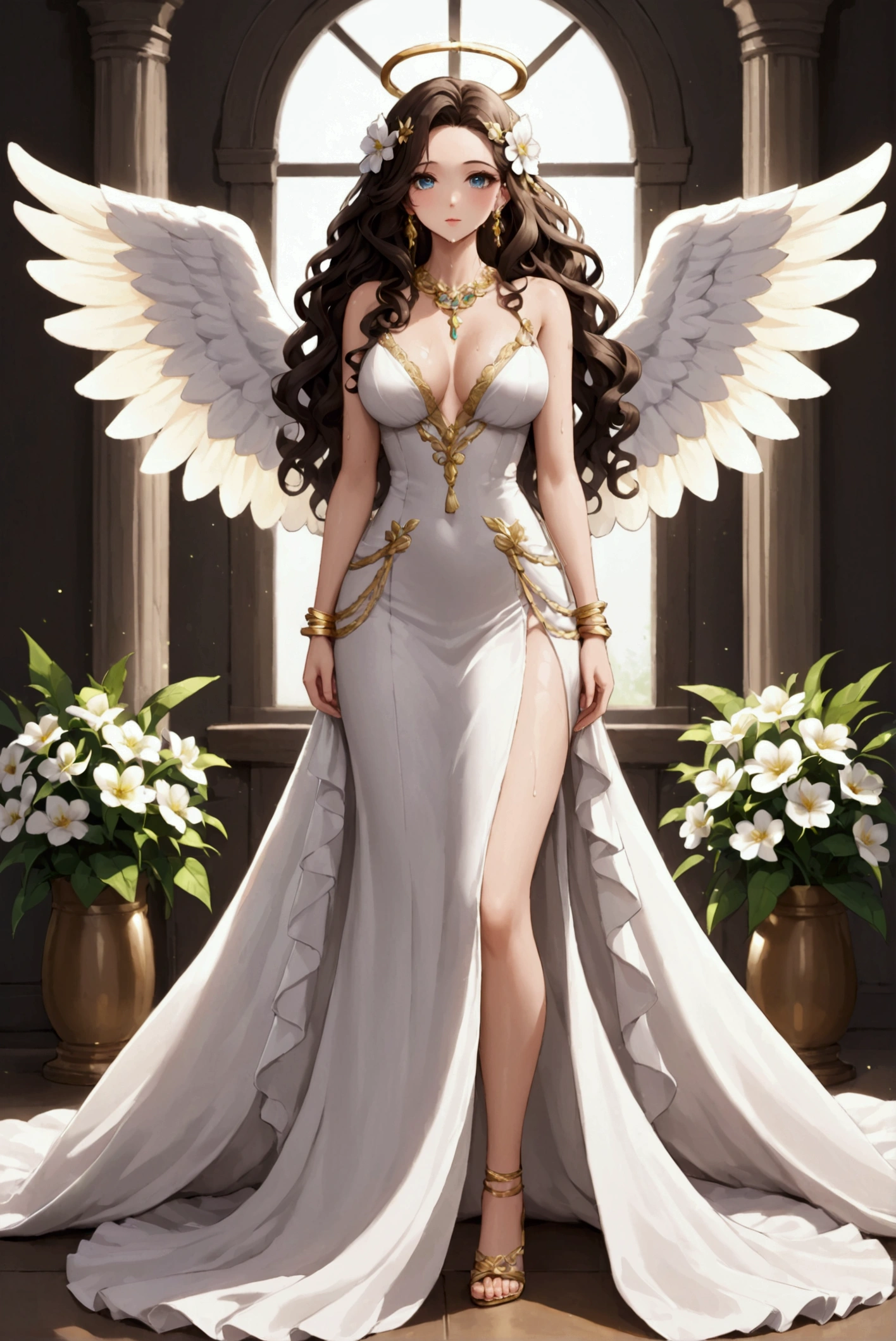 1 girl, alone, aphroditeS ,white angel wings, cabelo loiro curly, curly, hair ornamen, Flowers in the hair, Breasts huge, white gown, deep decolte, necklase, gold bracelets, work of art, best qualityer, swirly vibrant colors, full body shot shot, full mouth , Look of desire, sweaty body, white loincloth