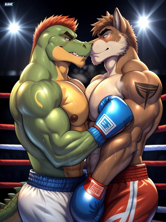 Duo male(Green Gator fighting Brown wolf), handsomes(handsome hairstyle, Thick eyebrows, detailed face), gay(cuddling embraced, face to face, body with body, on a boxing match), hot(Shirtless), handsomes(They are handsomes, correct anatomy), musculosos(Big muscle bodies, Six packs, muscle abs, big pecs), sweaty(very sweaty wet bodies, shiny sweat), tatuajes(they have tattoos), grumpy(Both have an grumpy expression, showing grumpy teeths, steaming breath), boxing gloves(They both are wearing boxing gloves), Hight resolution, by(Zourik:1.1)