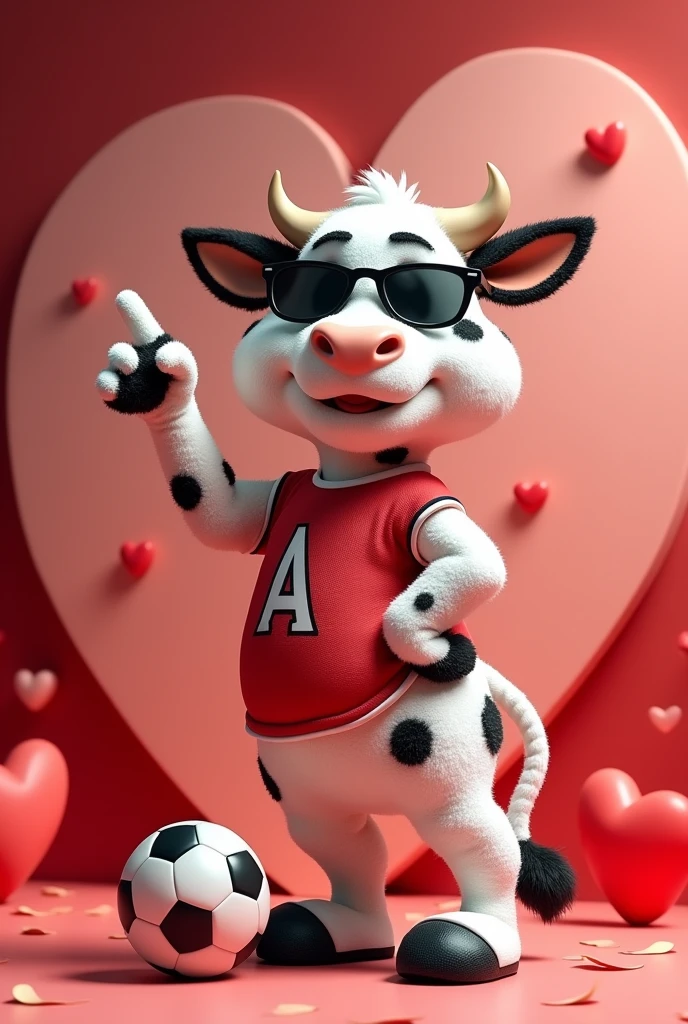 A team mascot as if it were a Looney Tunes character. It will be a white cow with black spots in the shape of a heart., She looks funny but nice, with sunglasses and sportswear and that has a "a" on the chest and on the foot a soccer ball, all this with him by my side, pointing to a big heart. the background colors will be red and white, make mini details that contain hearts