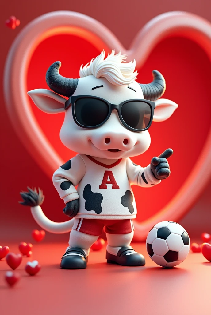 A team mascot as if it were a Looney Tunes character. It will be a white cow with black spots in the shape of a heart., She looks funny but nice, with sunglasses and sportswear and that has a "a" on the chest and on the foot a soccer ball, all this with him by my side, pointing to a big heart. the background colors will be red and white, make mini details that contain hearts