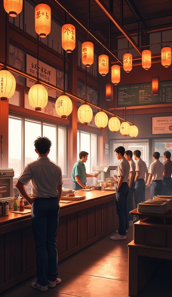 Japanese Yakiniku Restaurant. Create another angle of this image and the same restaurant. Since the scene is a conversation at the cash register, the background shows the inside of the store, but from a different angle. Keep the atmosphere of the same restaurant.