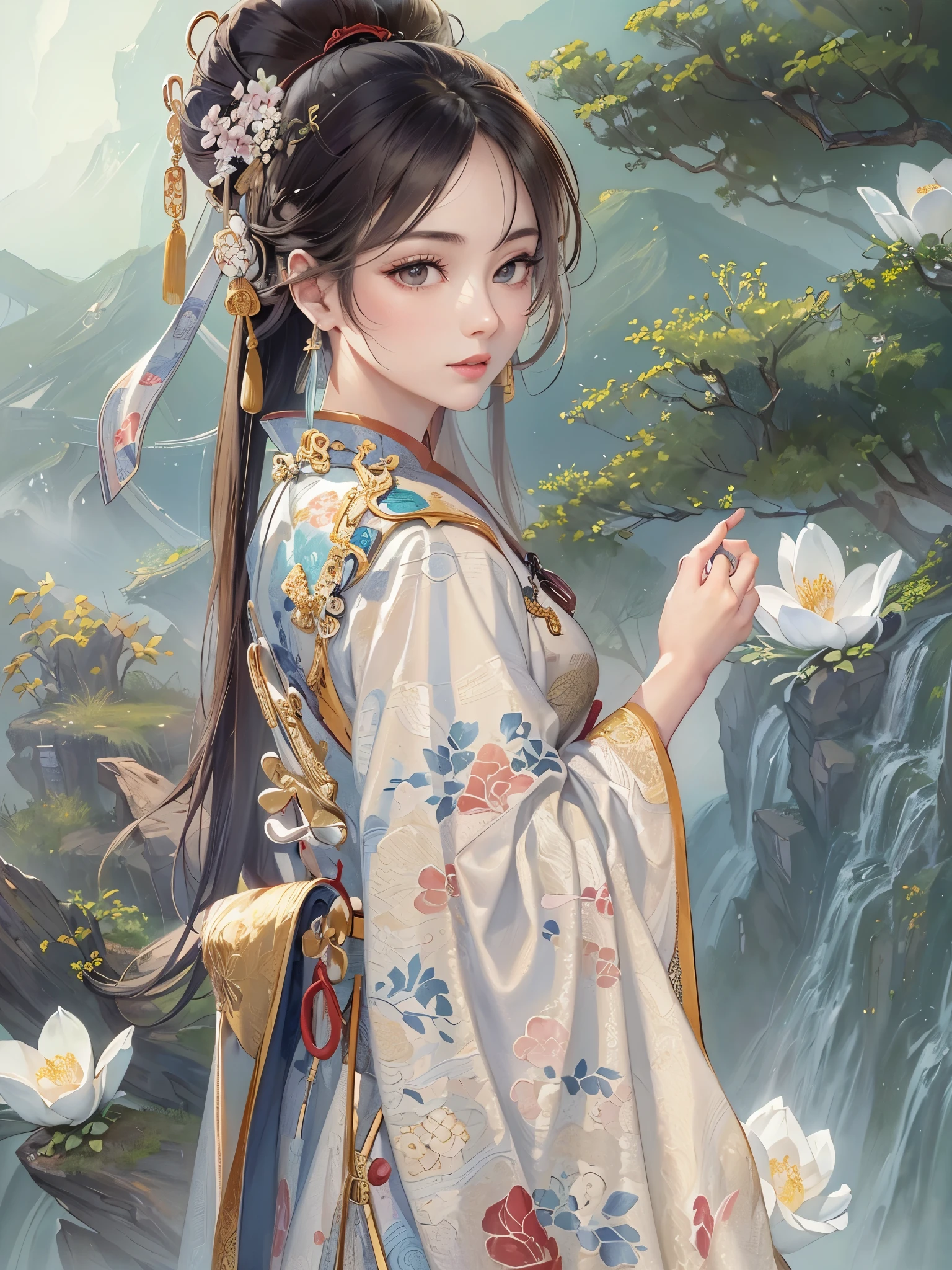 ((Highest quality)),(Ultra-high resolution),(Super detailed),(Detailed Description),((The best CG)),(masterpiece),Highly detailed art,(Art with precise detail:1.5), (Paintings inspired by ancient China:1.6), (Standing Woman:1.5, Beautiful and well-proportioned face:1.3, light makeup),(China dress:1.4, Embroidery inspired by nature:1.3),Fine ornaments, stream,breeze,Sunlight filtering through the trees