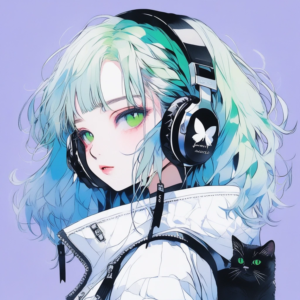 ilustrador, Japanese cartoons , Practical ,sketch , 1 girl, ,Lips, summer,Short sleeve,Order, Blue gradient background, Neon hair,Texture decoration, Canada, (masterpiece,best quality) glycerin,she is wearing black, square-shaped headphones around his neck, with the Marshall logo on them.masterpiece, ultra detailed, 8K, solid blue Skyscrapers background, full body shot, Angle looking up from below.happy, a girl, kawaii, light atmosphere, mysterious atmosphere, (Cute a girl:1.5), (a girl with closs hair pin,pale purple hair,low-twintails,blunt bangs hair,green and black eyes,
Loose and fluffy fashion,,fullbody shot :1.4), small breast,slim, expressionless,