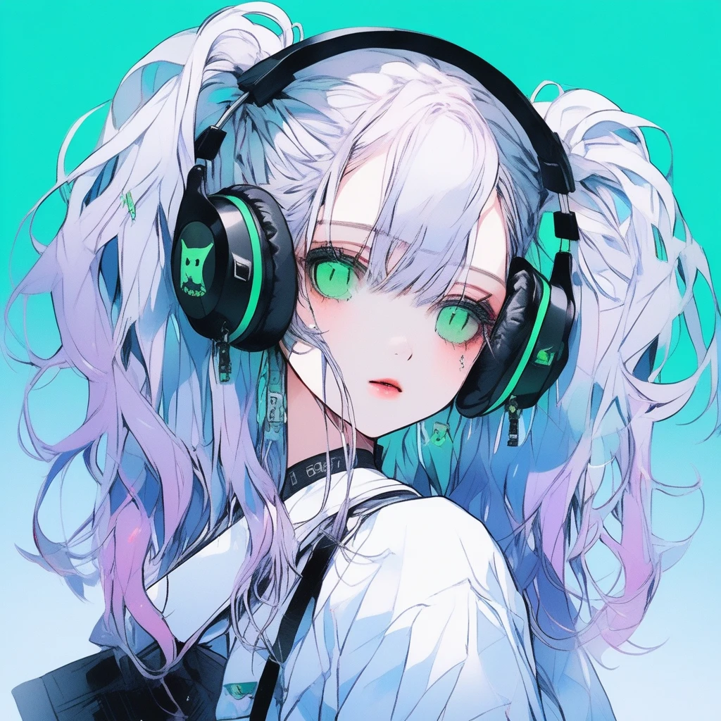 ilustrador, Japanese cartoons , Practical ,sketch , 1 girl, ,Lips, summer,Short sleeve，Order, Blue gradient background, Neon hair,Texture decoration, Canada, (masterpiece,best quality) glycerin,she is wearing black, square-shaped headphones around his neck, with the Marshall logo on them.masterpiece, ultra detailed, 8K, solid blue Skyscrapers background, full body shot, Angle looking up from below.happy, a girl, kawaii, light atmosphere, mysterious atmosphere, (Cute a girl:1.5), (a girl with closs hair pin,pale purple hair,low-twintails,blunt bangs hair,green and black eyes,
Loose and fluffy fashion,,fullbody shot :1.4), small breast,slim, expressionless,