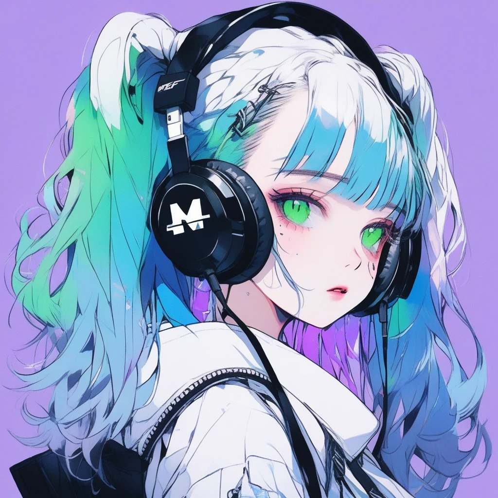 ilustrador, Japanese cartoons , Practical ,sketch , 1 girl, ,Lips, summer,Short sleeve，Order, Blue gradient background, Neon hair,Texture decoration, Canada, (masterpiece,best quality) glycerin,she is wearing black, square-shaped headphones around his neck, with the Marshall logo on them.masterpiece, ultra detailed, 8K, solid blue Skyscrapers background, full body shot, Angle looking up from below.happy, a girl, kawaii, light atmosphere, mysterious atmosphere, (Cute a girl:1.5), (a girl with closs hair pin,pale purple hair,low-twintails,blunt bangs hair,green and black eyes,
Loose and fluffy fashion,,fullbody shot :1.4), small breast,slim, expressionless,