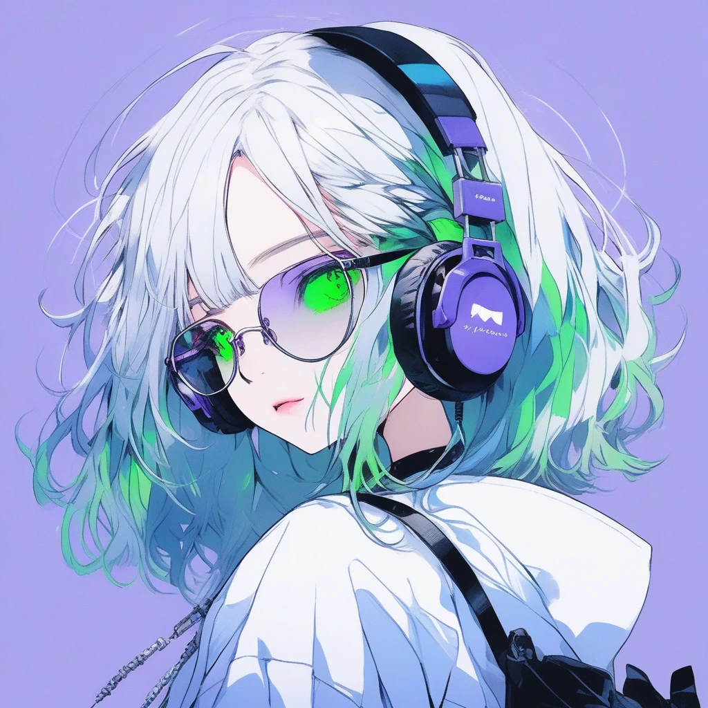 ilustrador, Japanese cartoons , Practical ,sketch , 1 girl, ,Lips, summer,Short sleeve,Order, Blue gradient background, Neon hair,Texture decoration, Canada, (masterpiece,best quality) glycerin,she is wearing black, square-shaped headphones around his neck, with the Marshall logo on them.masterpiece, ultra detailed, 8K, solid blue Skyscrapers background, full body shot, Angle looking up from below.happy, a girl, kawaii, light atmosphere, mysterious atmosphere, (Cute a girl:1.5), (a girl with closs hair pin,pale purple hair,low-twintails,blunt bangs hair,green and black eyes,
Loose and fluffy fashion,,fullbody shot :1.4), small breast,slim, expressionless,