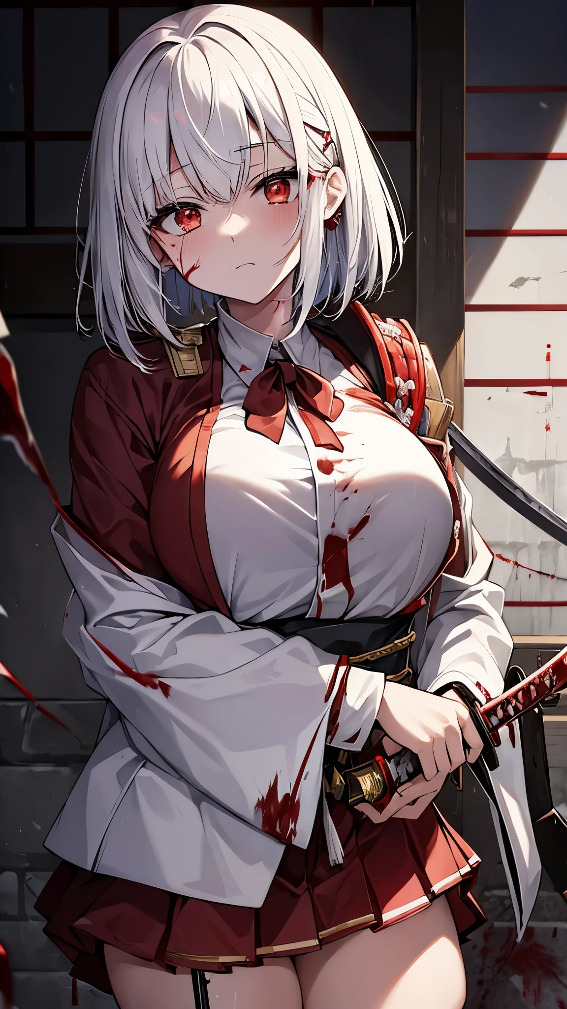 Two-Way、Japanese sword dripping with blood、Heavy bleeding、a large amount of fresh blood、Blood-stained uniform、Blood-stained schoolgirl、Black short bob、White sash and big breasts、machine gun、暴発したmachine gun