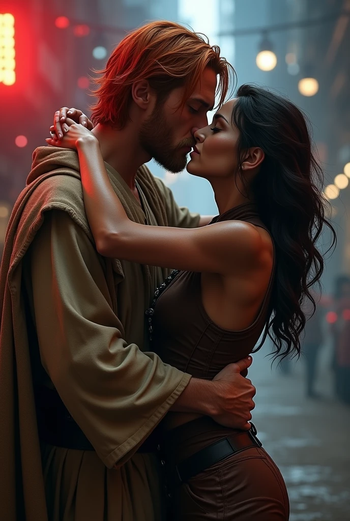 Male Red haired Jedi hugs a female blackhaired bounty hunter very tight, their lips intertwined and his hand on her cheek