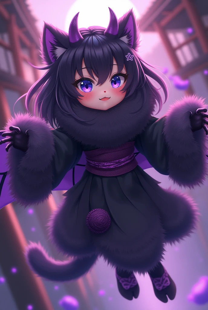 furry cat girl, anime western style art, small cat ears, medium sized breasts, blue slightly violet colored cat eyes, thin slit irises, thin iris, violet mist aura, small closed lip smile, body, black kimono laced with dark purple linen, angle on the left side, furry body, black fur, violet claws, furry person, paws, cat face, muzzle, Japanese background, paws, demonic violet aura, long hair, silky hair, straight hair, black fur covering entire body, Multiple tails, small purple demon horns, toe-beans on paws, purple claws, visible paw pads, cute, magical violet aura, black fur, purple gemstone kimono, 9 cat tails. Furry Wings, Medium sized Wings, flying, large smile, straight hair, flying towards camera, adorable, arms outstretched, wants a hug.