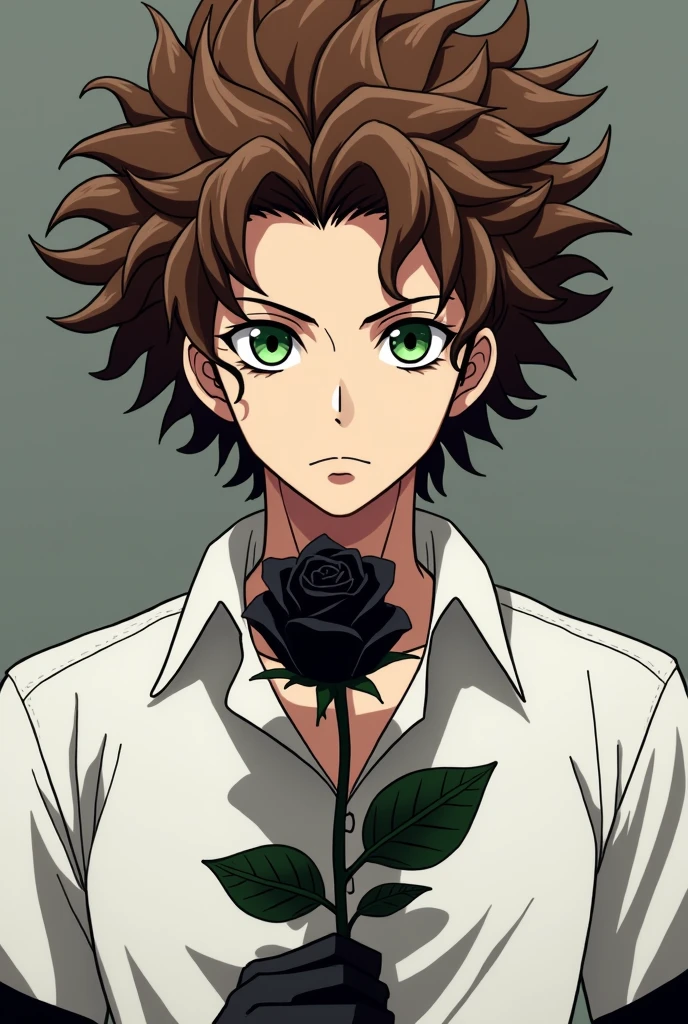 JoJo's Bizarre Adventure brown haired guy, with kakyoin and jotaro haircuts fusion, green eyes, white shirt holding a black roze