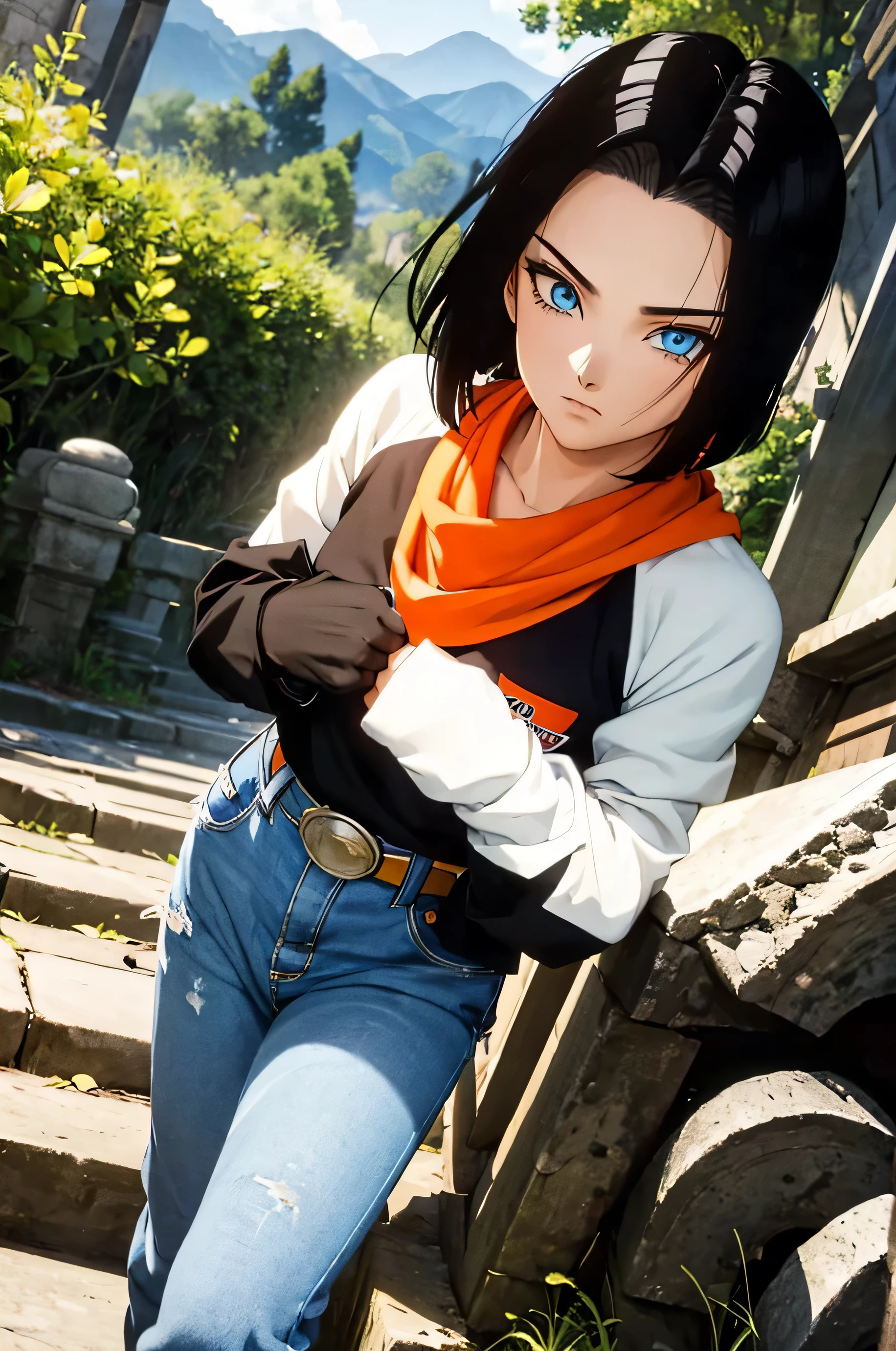 A masterpiece, best quality, detailed and expressive eyes, perfect facial features, high resolution, 1 boy, alone, android -inspired boy, (male body:1.3), blue eyes, black hair, parted hair, short hair, black shirt, jeans, layered shirt, white sleeves, orange bandana, blue sneakers, green socks, brown belt, red freckles, outdoor, landscape, standing, portrait, looking at viewer