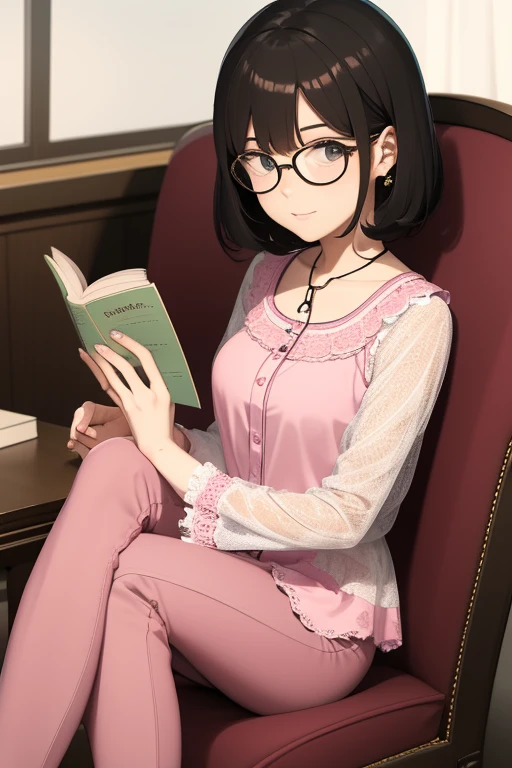 4 woman with short black wavy hair and transparent glasses wearing pink pants and a white lace blouse sitting on a chair with her legs crossed reading a book and with a kitten by her side. 