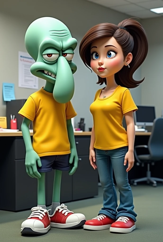 You can draw Squidward with Capulina, with a sports shirt, yellow and denim pants, in a office, realistically