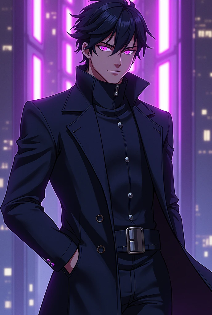 Create an anime character with these characteristics, It's a boy. She has black hair and her eyes light up a deep purple color., wear a gabardine jacket. He is really imposing. Belongs to the Autobots Elite Guard