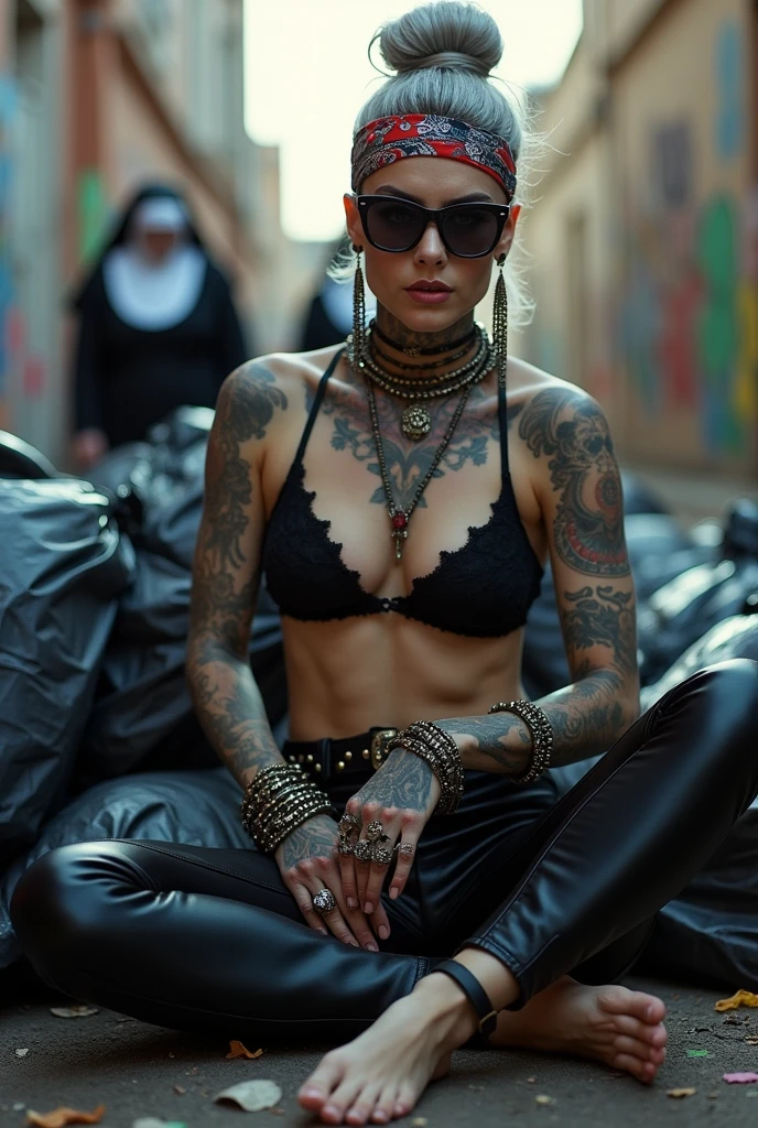 russian milf woman, grey hair (bouffant, top bun) and oversized square sunglasses and wide colourful bandana as headband, with very light green eyes, extremely pale. Big lips. Black lace push up bra, silicone breast,, tight skinny black low rise leather jeans. Barefoot. Lots of thick wide studded bracelets, chain necklaces and big rings,. Two loose studded belts. Long earrings with chains and feathers. Sitting on a pile of huge black plastic bags, separated legs, forearms on knees. Neck, chest, stomach and wrists heavily tattoed. Toned abdominals, thin neck, slim legs and thin arms. Narrow hips. Full body. At a dead end street with graffitied walls, ground littered with waste . Some nuns in the backgroung get close. Full body, evening scene