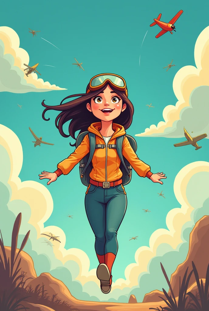 Make a cartoon with the theme of a woman preparing to fly to achieve her dreams
