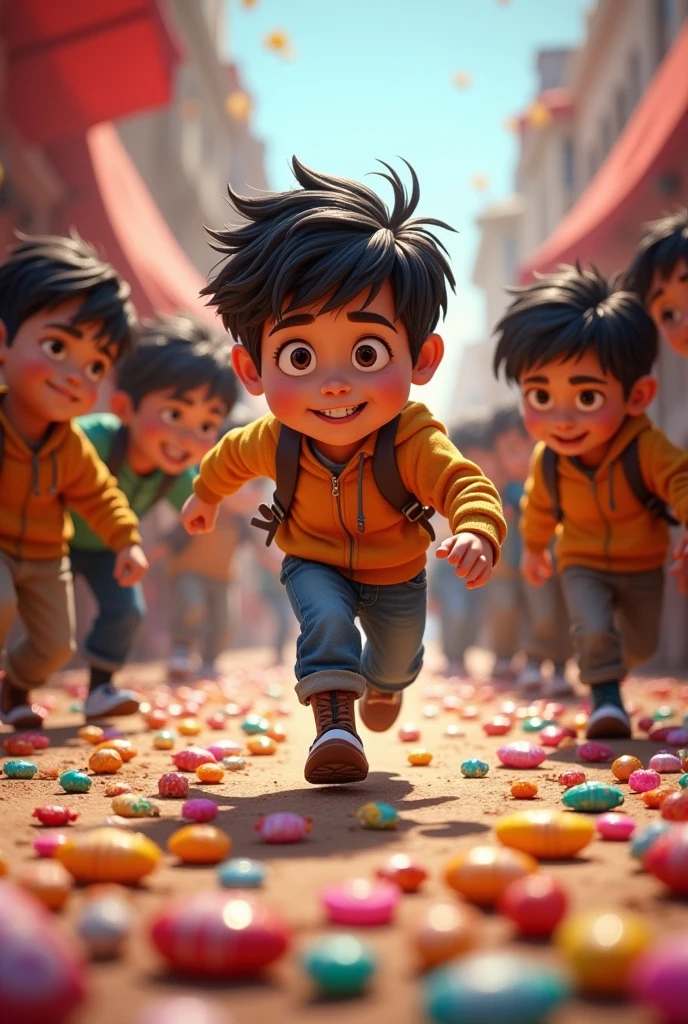 prompt (Spanish): Mateo quickly moves towards the sweets, while the children are busy looking for the candy thrown.
prompt (English): Mateo moves quickly towards the candies while the children are busy searching for the thrown candy.