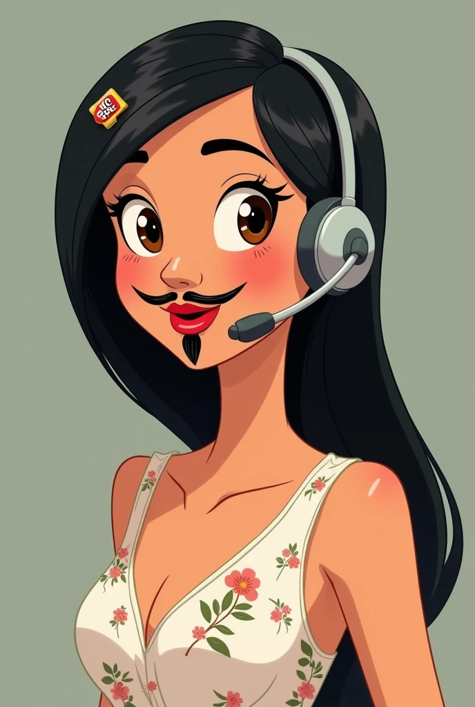 create a telemarketing woman with a goatee and thin mustache, straight black hair above the shoulders parted to the right side and with a tic tac clip on the right side, eyes browns, wearing a white floral dress and headphones with a microphone on her head. Disney style
