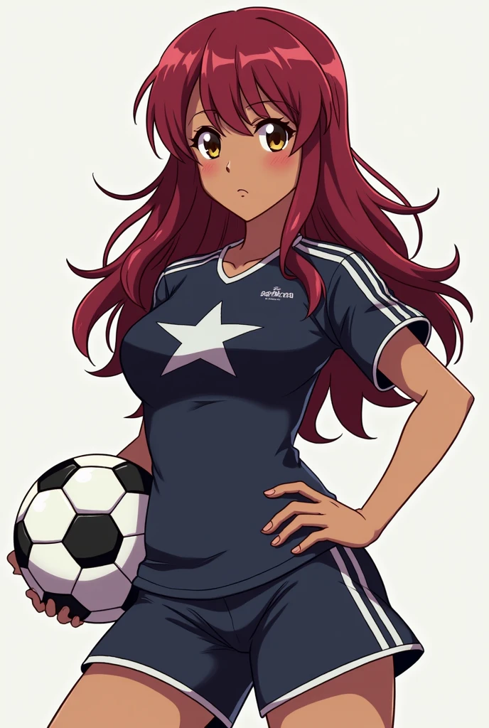 Inazuma eleven character, woman with red dark hair and brown eyes. Medium dark skin. Generate a uniform with a silver star.
