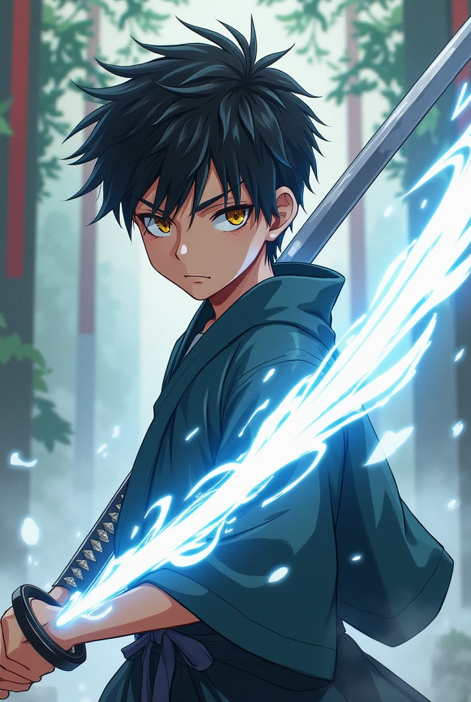 Anime boy with katana with big white aura coming from his katana