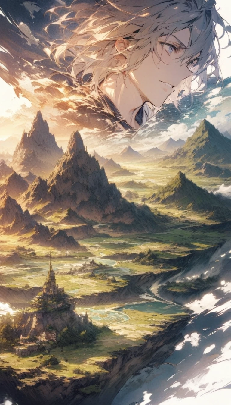 Ambitious、Akechi Mitsuhide dreams of conquering the world。He has a map in front of him、Gazing into the distance as if looking to the future。The Sengoku period landscape unfolds in the background face close up