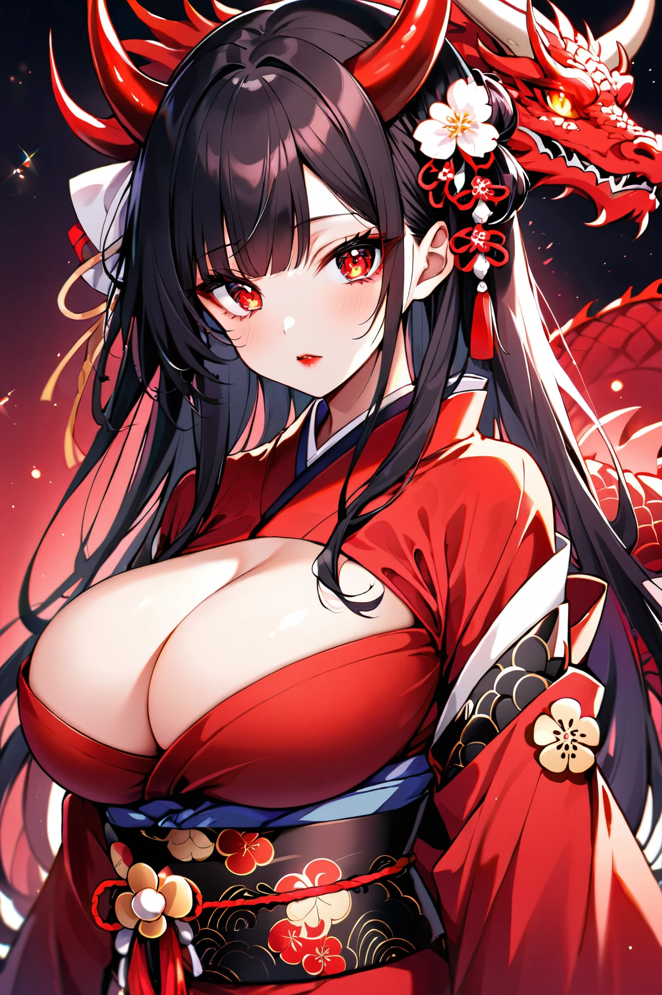 A girl with long loose black hair, crimson red eyes. Deep red lipstick, red eye shadow , very big breasts demon, geisha clothes , big breasts, ((arms behind back)), dragon, portrait, close up, big eyes, ulzzang, sparkling eyes,