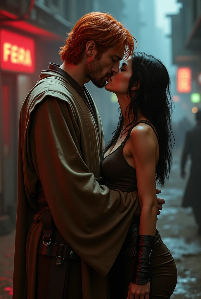 Male Red haired Jedi hugs a female blackhaired bounty hunter very tight, their lips intertwined and his hand on her cheek