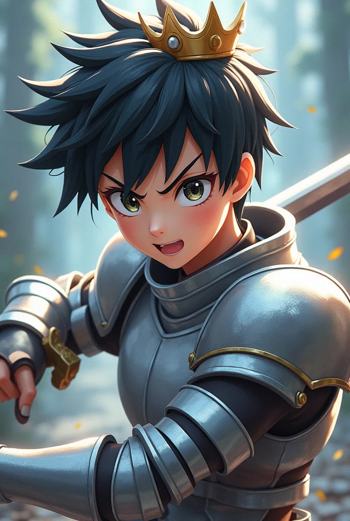 Anime human hero with a sword Wearing silver armor With a crown on his head Short hair Younger and wilder face