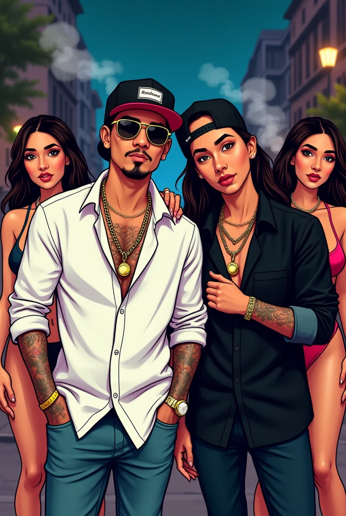 At night, 2 reggaeton singers with beautiful women and one of the singers with a white shirt and the other black, white skin, both of them and they have a good rapper-like style. It's an image like a cover for a reggaeton song that looks like cartoons, that both of them have caps and are smoking and with chains and rings and that it's in the country of Chile.