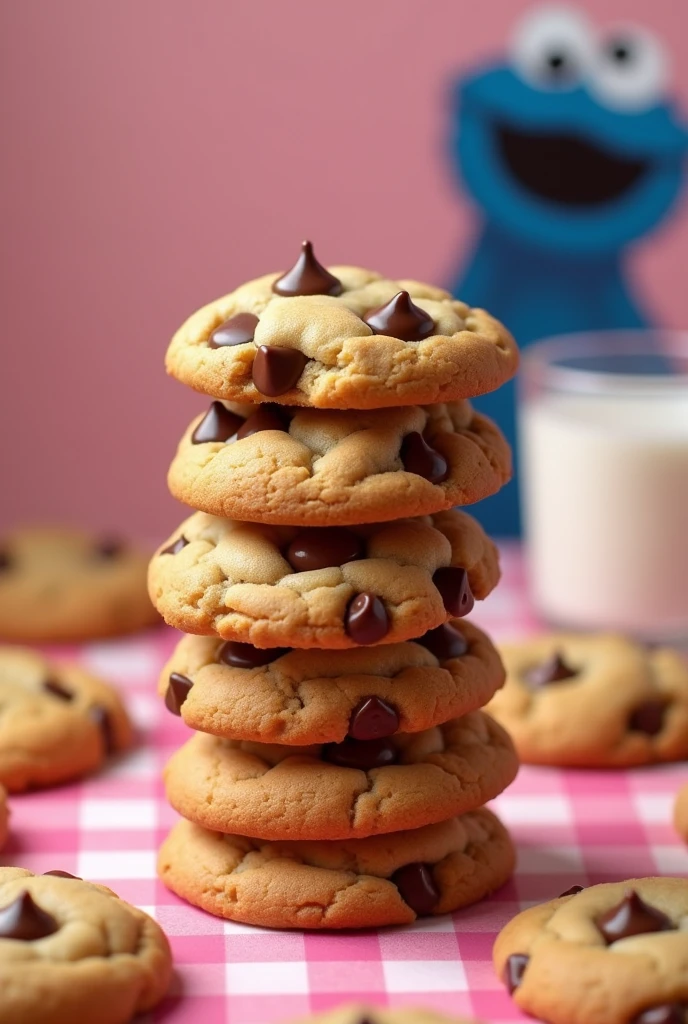 chubby chocolate chip cookies ,in a column, and some cookies around it, With more details, Characteristics, Crispy, golden brown, a glass of milk a pink checkered tablecloth a picture of the cookie monster in the background