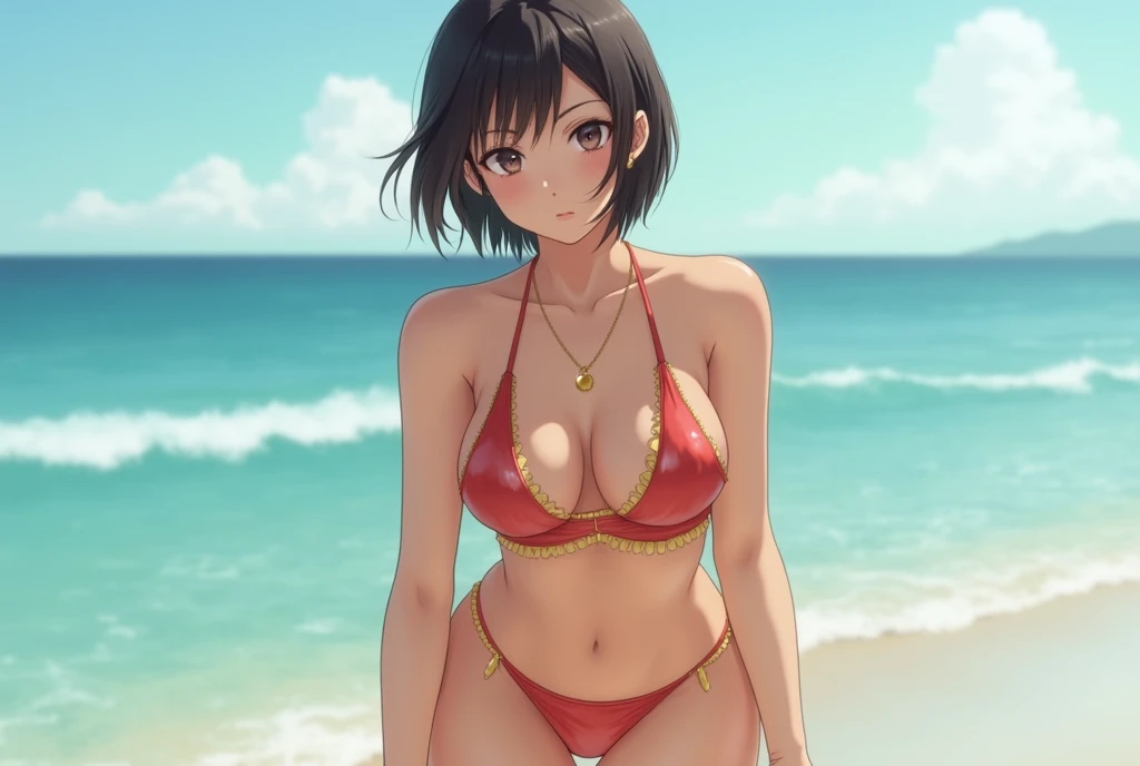((Highest quality))、((masterpiece))、(detailed)、Perfect Face、1 Japanese woman、whole body、Short Hair、Shiny swimwear、Frilled swimsuit、Gold Necklace、Wet Skin、Leaning forward、Beautiful down to the toes、Absolutely perfect body、Medium breast、Like a model、beach、Front view