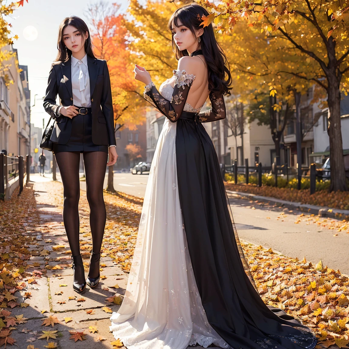 (masterpiece, best quality, the most important work:1.5), ultra detailed, high resolution, 16k, the most beautiful face in the world, perfect face, delicate facial features, highly detailed beautiful face and eyes, shiny skin, highly detailed background, elaborately designed, fine cloth texture, perfect anatomy, BREAK, (gorgeous and stunning teenage girl in autumn fashion:1.5), perfect make-up, deeply in love, full of elegance, (full body:1.5), (autumn, full moon, fallen leaves, street, three view drawing, front and back and side:1.4)