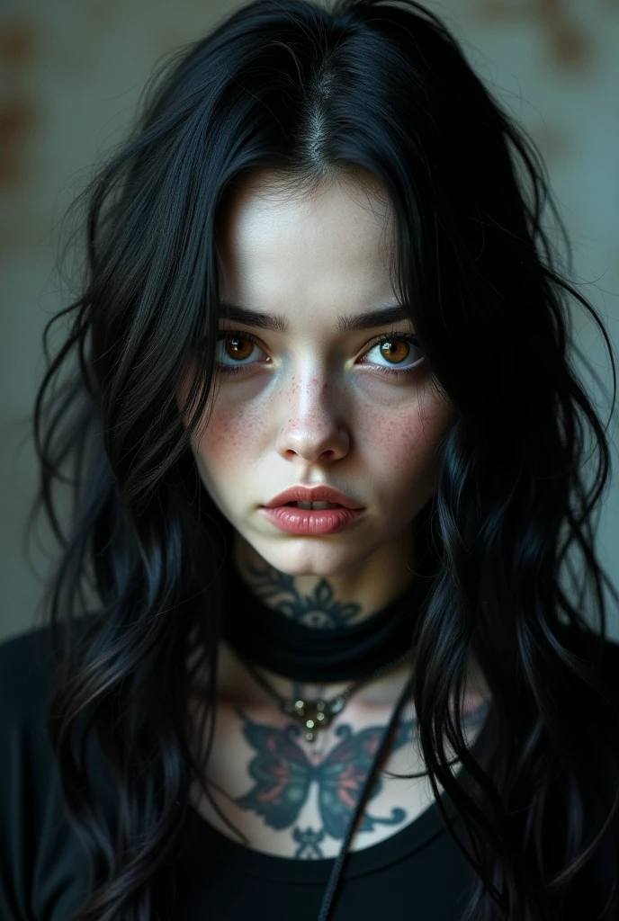 A very white girl, long wavy black hair.
big honey colored eyes.
age 23 years.
Tough look Black clothes and some tattoos.