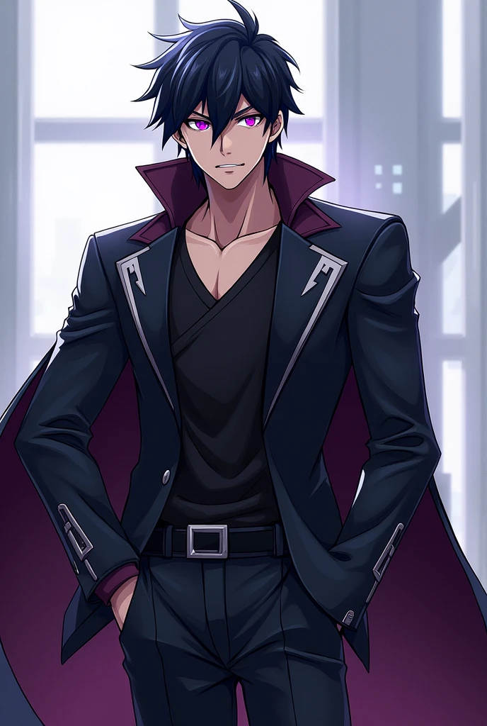 Create an anime character with these characteristics, It&#39;s a boy. She has black hair and her eyes light up a deep purple color., wear a gabardine jacket. He is really imposing. Belongs to the Autobots Elite Guard 