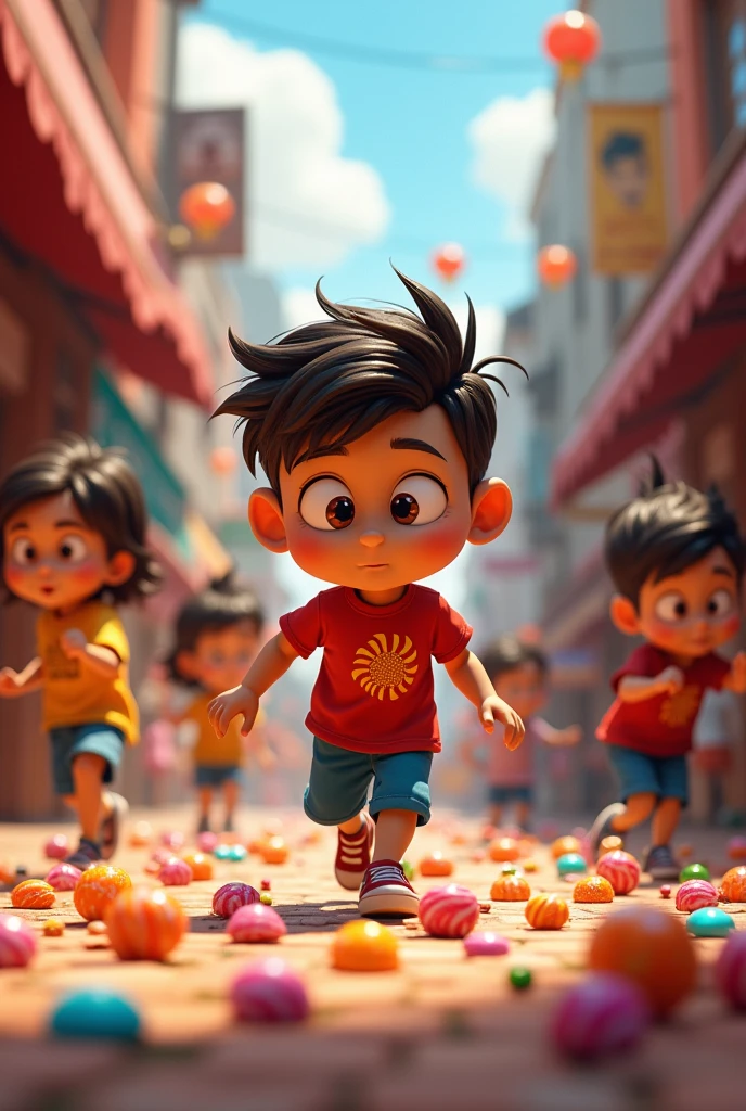 prompt (Spanish): Mateo quickly moves towards the sweets, while the children are busy looking for the candy thrown.
prompt (English): Mateo moves quickly towards the candies while the children are busy searching for the thrown candy.