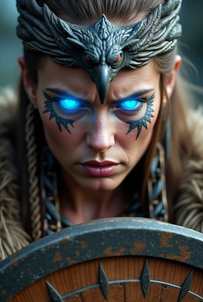 Close up face beautiful viking woman, wooden shield in hand , strong blue light in the eyes, eagle crown , tribal design on the eyes, Angry, bone ornaments on the neck, leather armor, focused