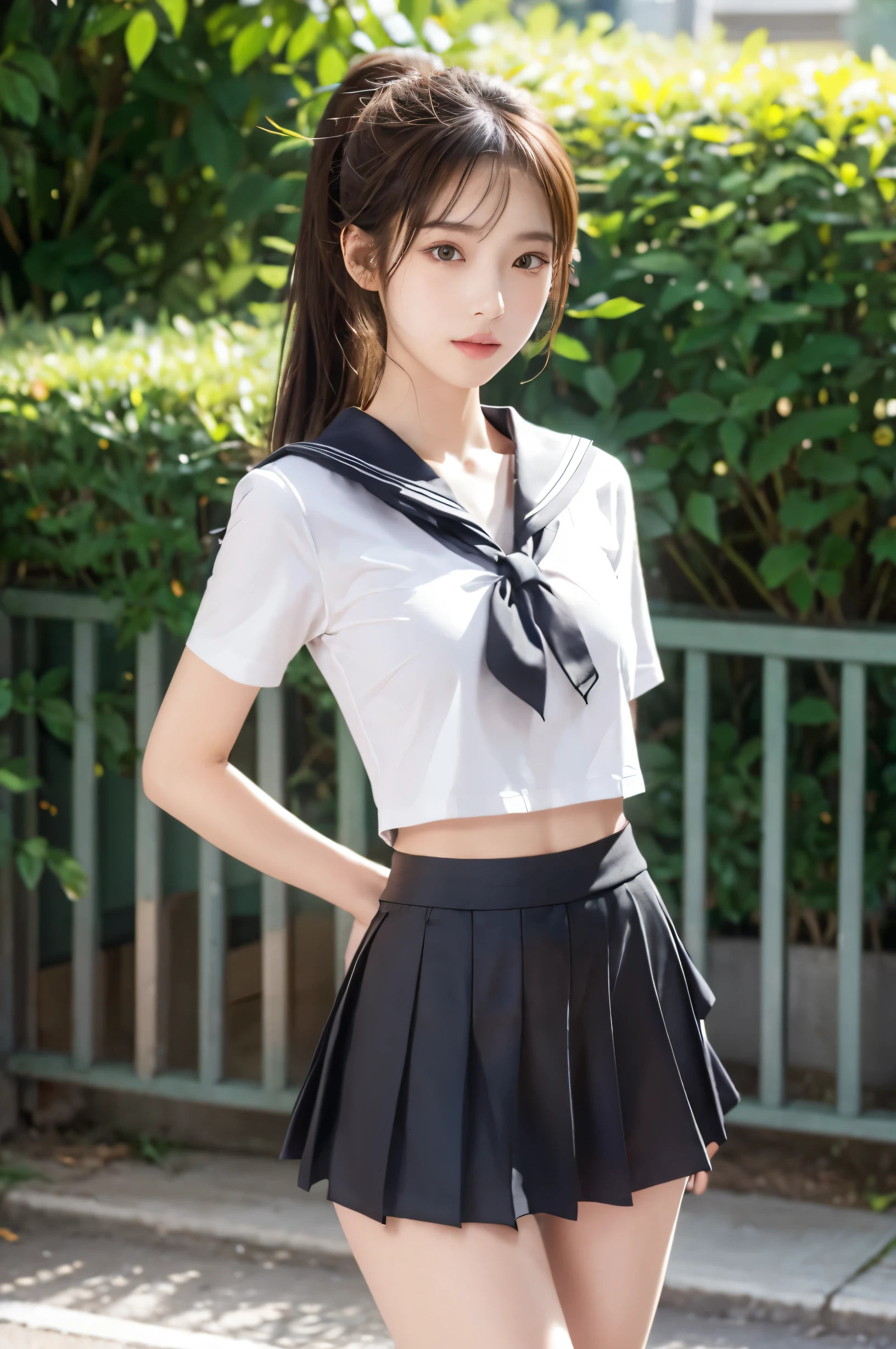 (Ultra HD), (Looking at me), (The whole body is shown), (Black short-sleeved sailor suit, Black low rise mini skirt), Big Breasts, slender, Narrow waist, (The belly button is visible:0.6), (Thin legs:1.2), (Thin thighs:1.2), (Thin Hips:1.4), (Beautiful Skin, Shiny skin, White skin), (Super slim face, Super beautiful face, No makeup, Smile:0.6), (light brown, ponytail, Layered Cut, Fluffy hair), (double eyelid, Slanted Eyes), Small Nose, Thin lips, Are standing, In front of the school gate