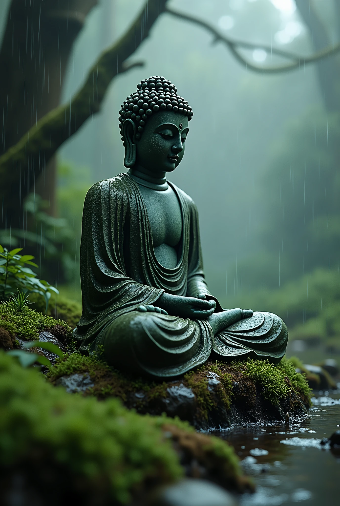 A macro shot of Stone Buddha statue in a mystical forest in a heavy rain, water splashes, thin mist, tyndall effect. Dark Fantasy, Overcast, Mystical, Ambient Occlusion, Desaturated, Achromatic, (best quality, masterpiece, photorealistic), very aesthetic, perfect composition, intricate details, ultra-detailed, vivid colors