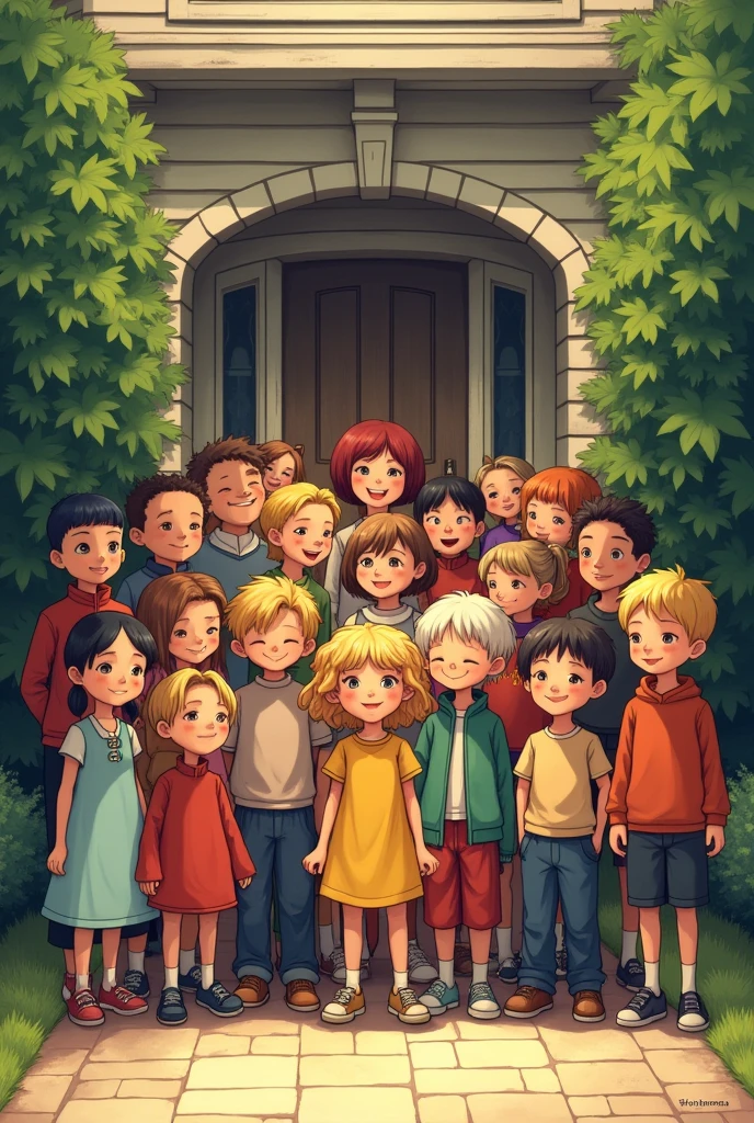 Large family 11 girls 13 boys and blond triplets All at the entrance of a house